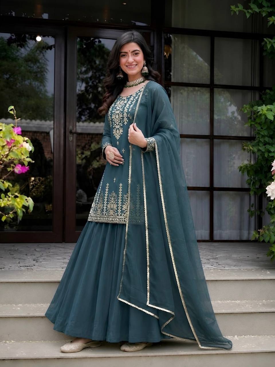 Exquisite Rama Green Peplum Kurti and Flared Skirt Set Adorned with Intricate Gold Zari Embroidery and a Matching Sheer Dupatta